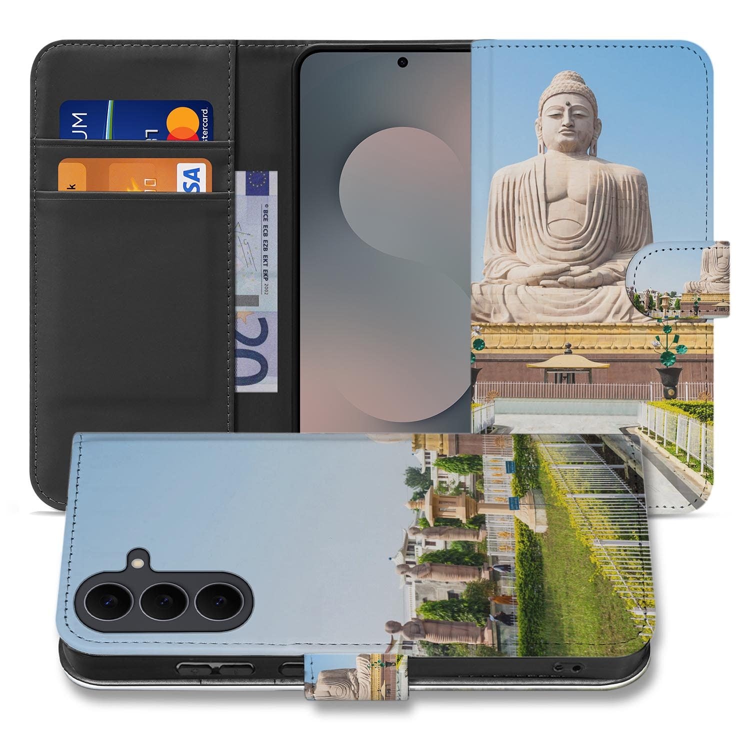 Samsung Galaxy S26 FE bookcase hoesje met Boeddha design in goud en blauw