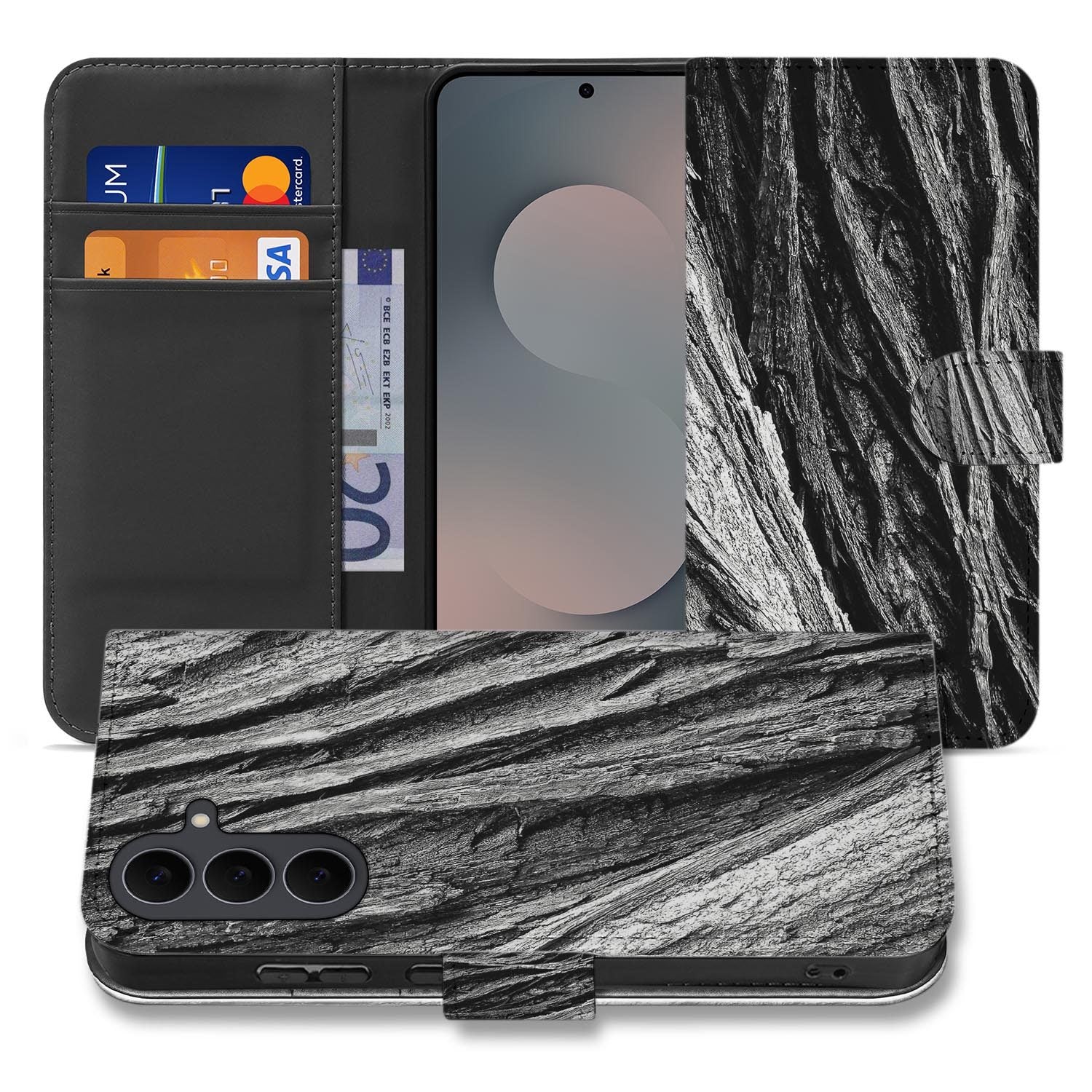 Samsung Galaxy S26 FE bookcase hoesje met Boomschors houtprint in zwart en grijs