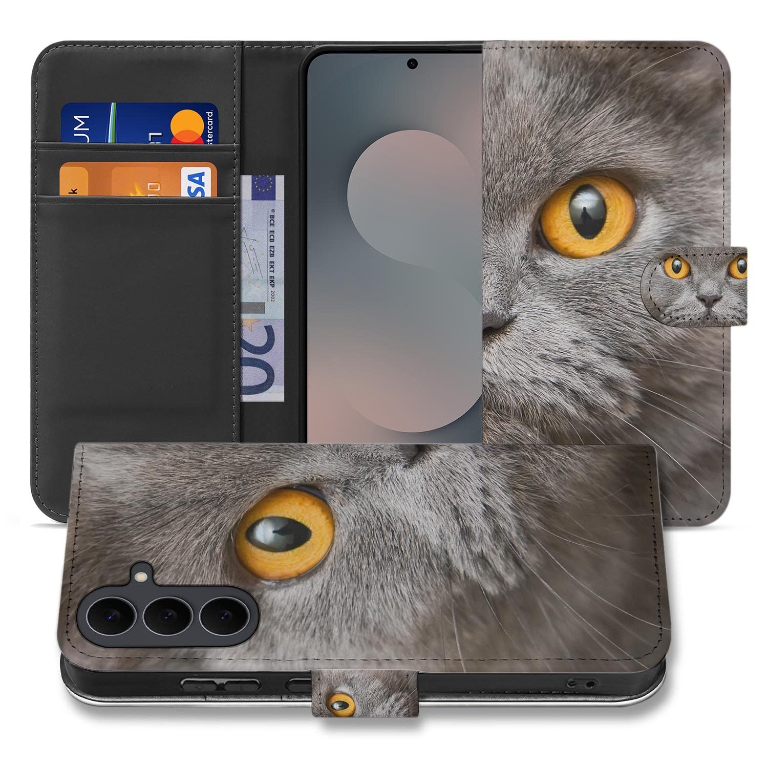 Samsung Galaxy S26 FE bookcase hoesje met Britse Korthaar design in grijstinten