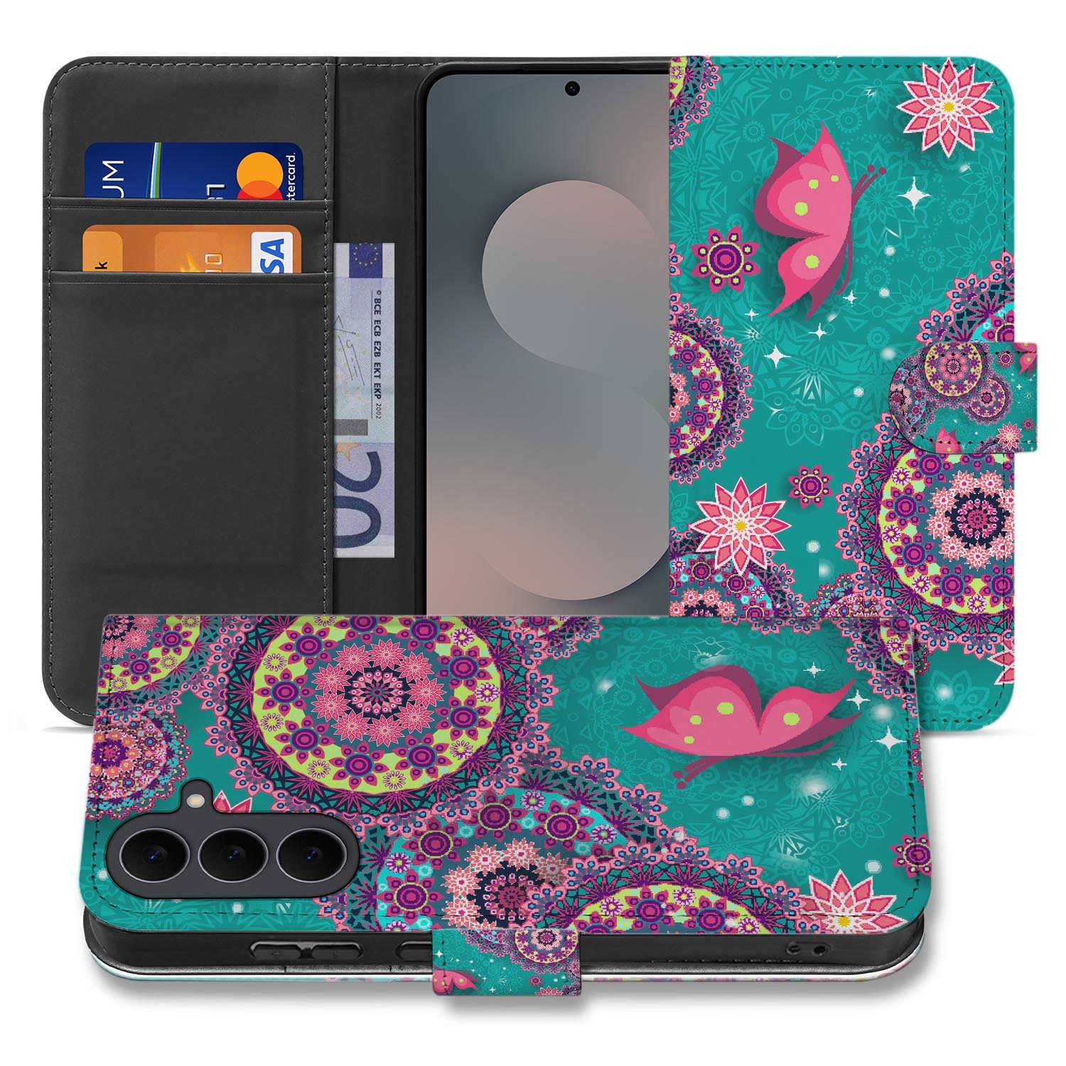 Samsung Galaxy S26 FE bookcase hoesje met Cirkels en Vlinders design in groen en roze