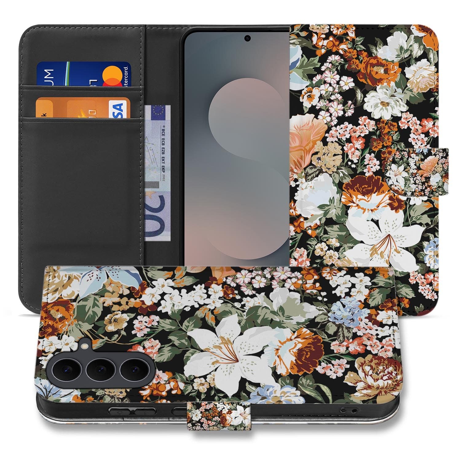 Samsung Galaxy S26 FE bookcase hoesje met Dark Flowers bloemenprint
