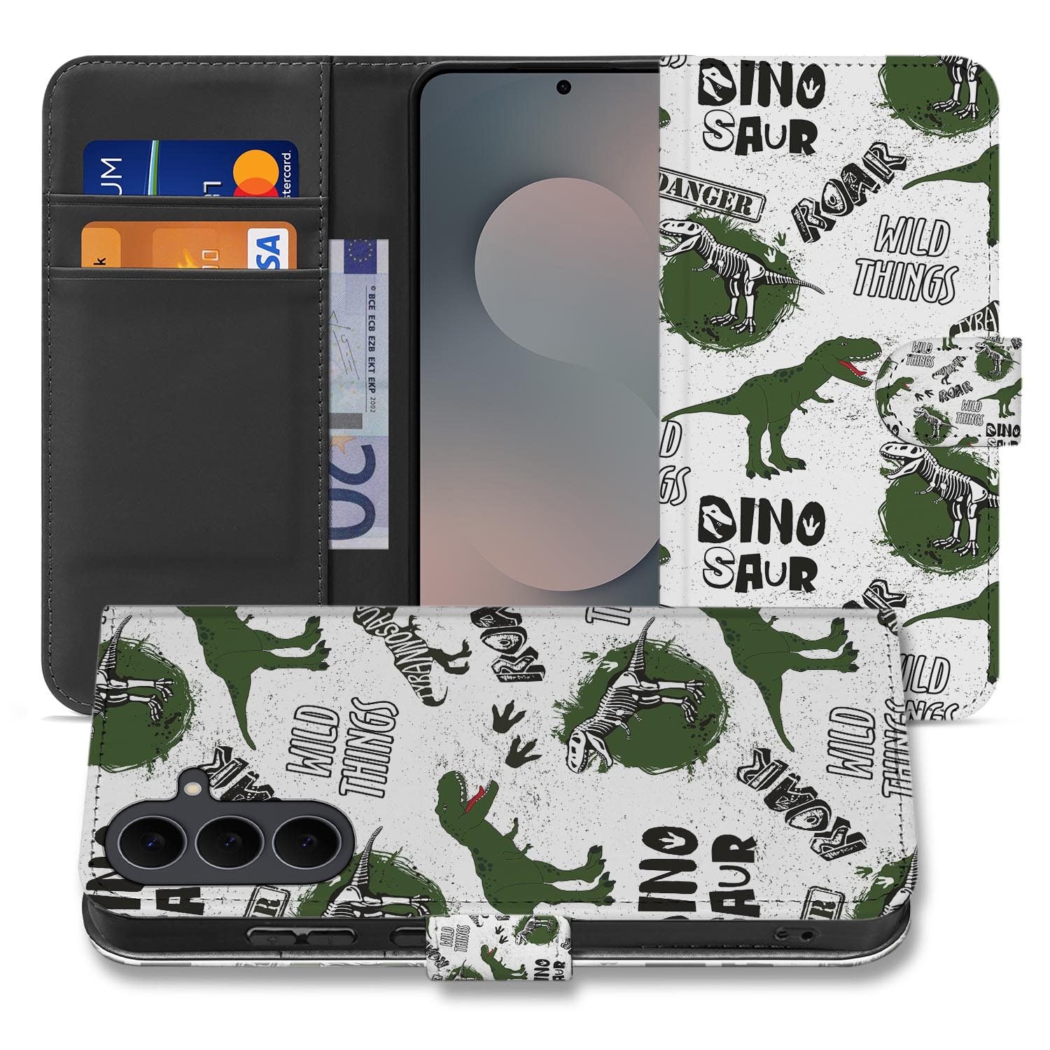 Bookcase hoesje Samsung Galaxy S26 FE met Dinosaurus print in groen en wit