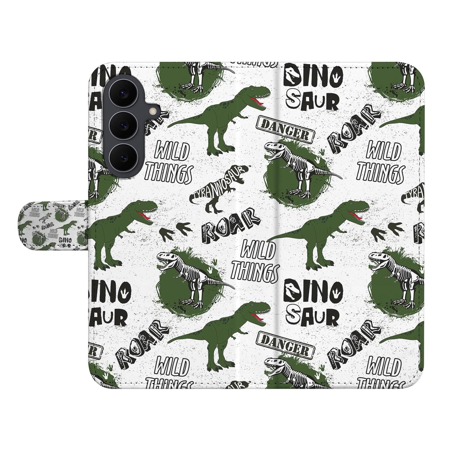 Samsung Galaxy S26 FE book case met Dinosaurus design op wit kunstleer