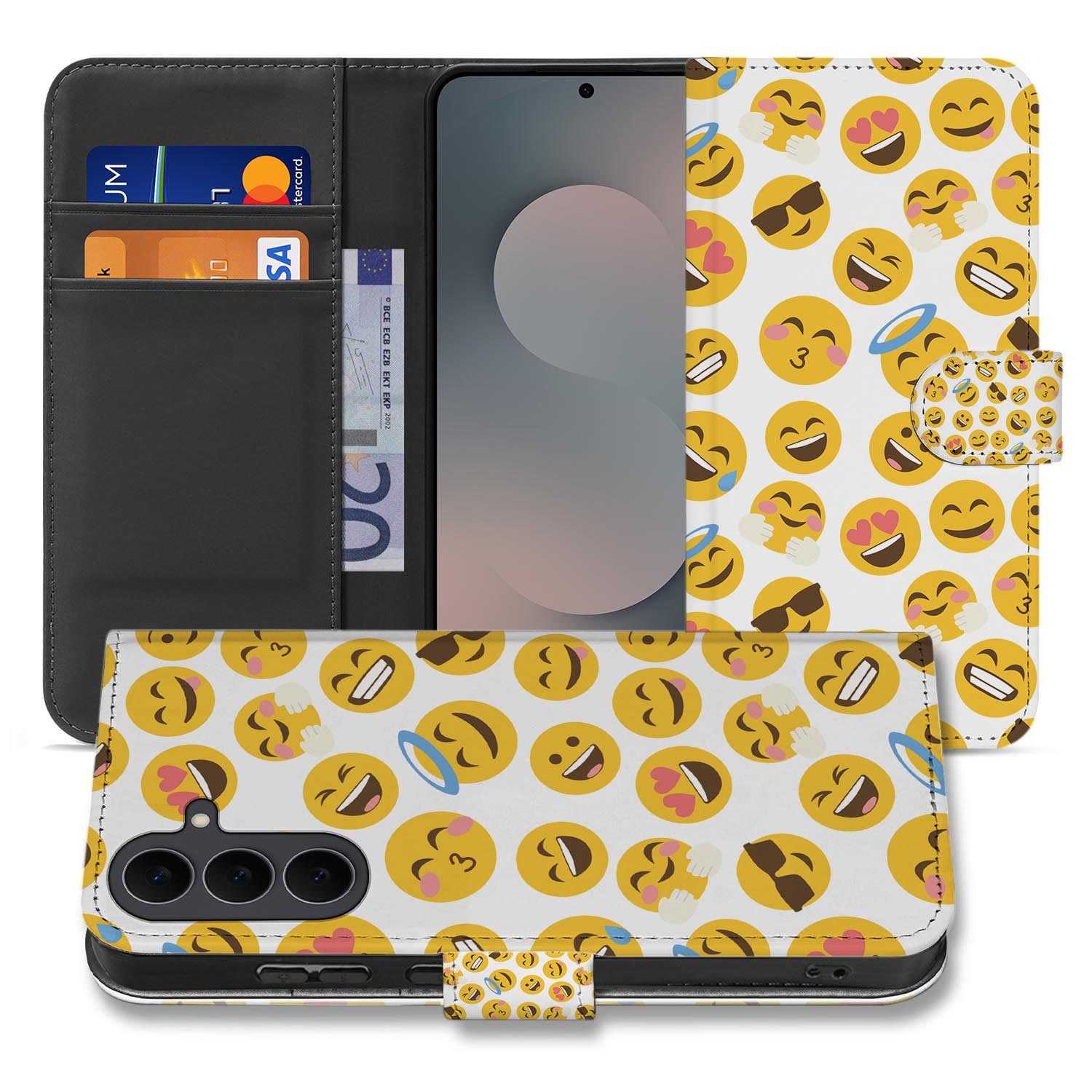 Samsung Galaxy S26 FE bookcase hoesje met vrolijk Emoji-design in geel en zwart