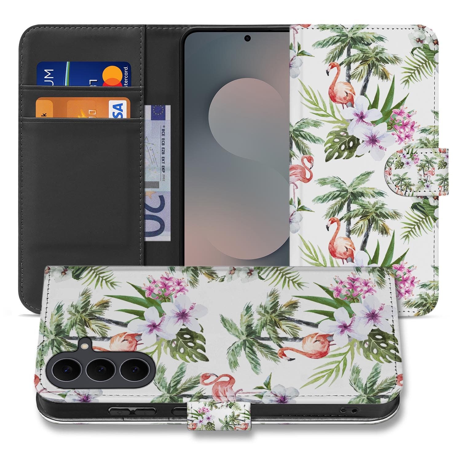 Bookcase hoesje Samsung Galaxy S26 FE met Flamingo Palms design in wit en groen
