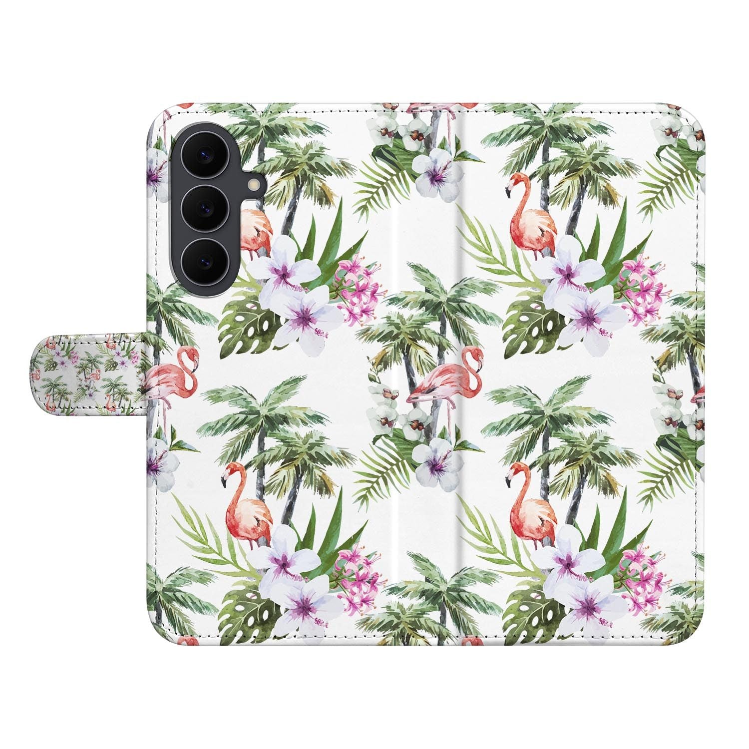 Samsung Galaxy S26 FE book case met flamingo's en palmbladeren, design Flamingo Palms