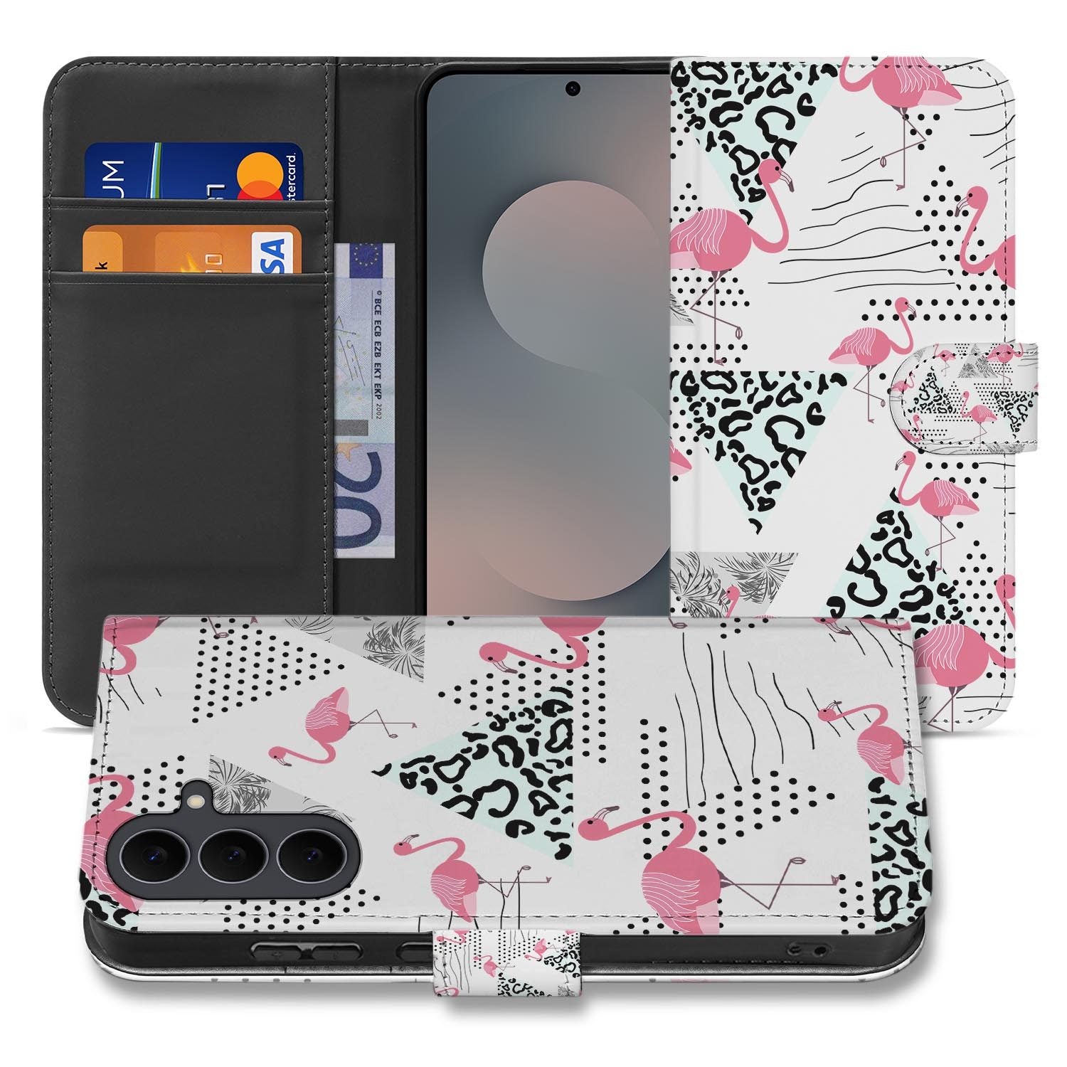 Samsung Galaxy S26 FE bookcase hoesje met Flamingo Triangle design in roze, wit en zwart