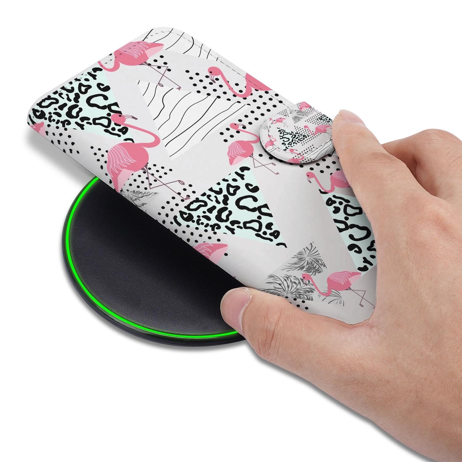 Samsung Galaxy S26 FE hoesje met pasjeshouder en Flamingo Triangle print