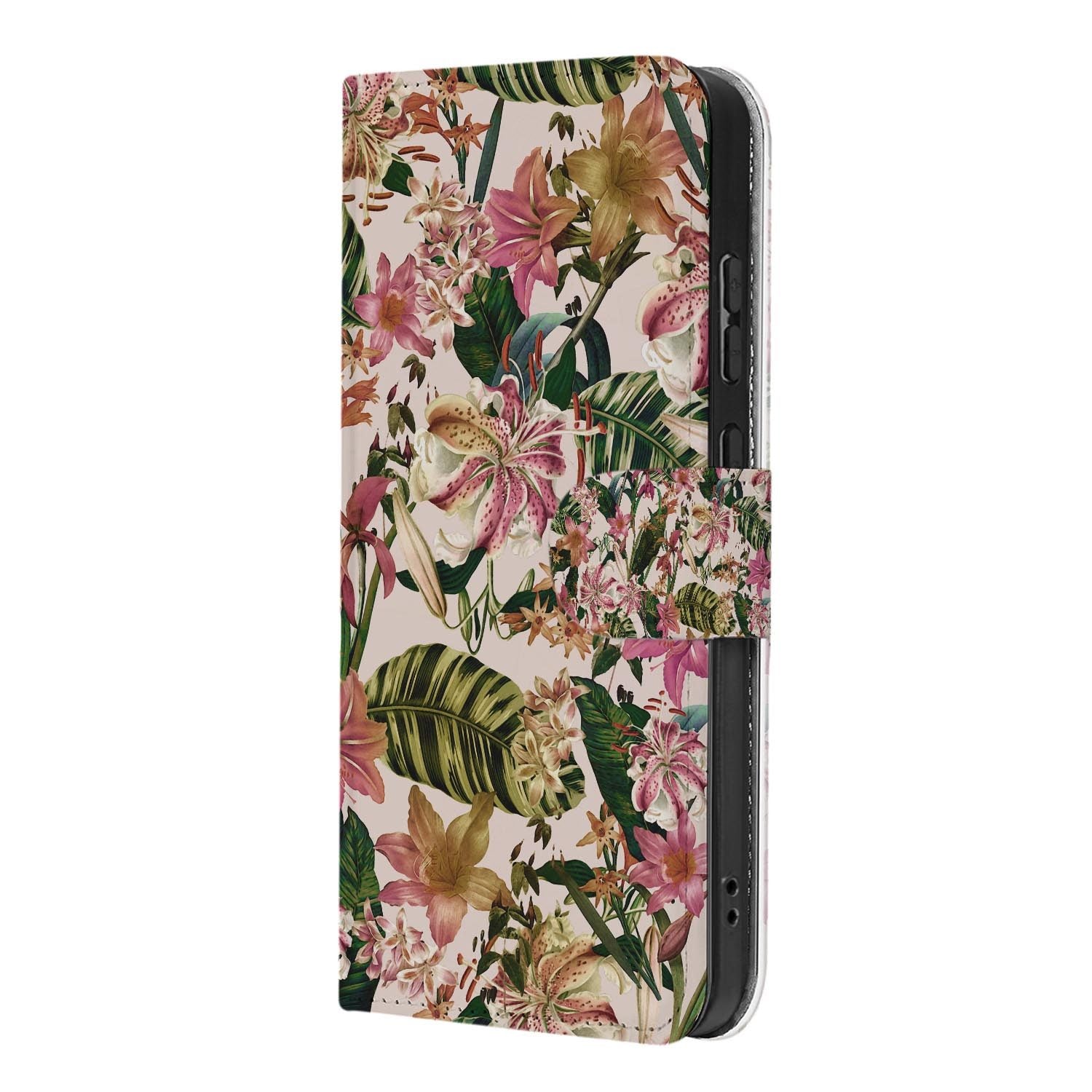 Samsung Galaxy S26 FE book case met Flowers Blue print op wit kunstleer