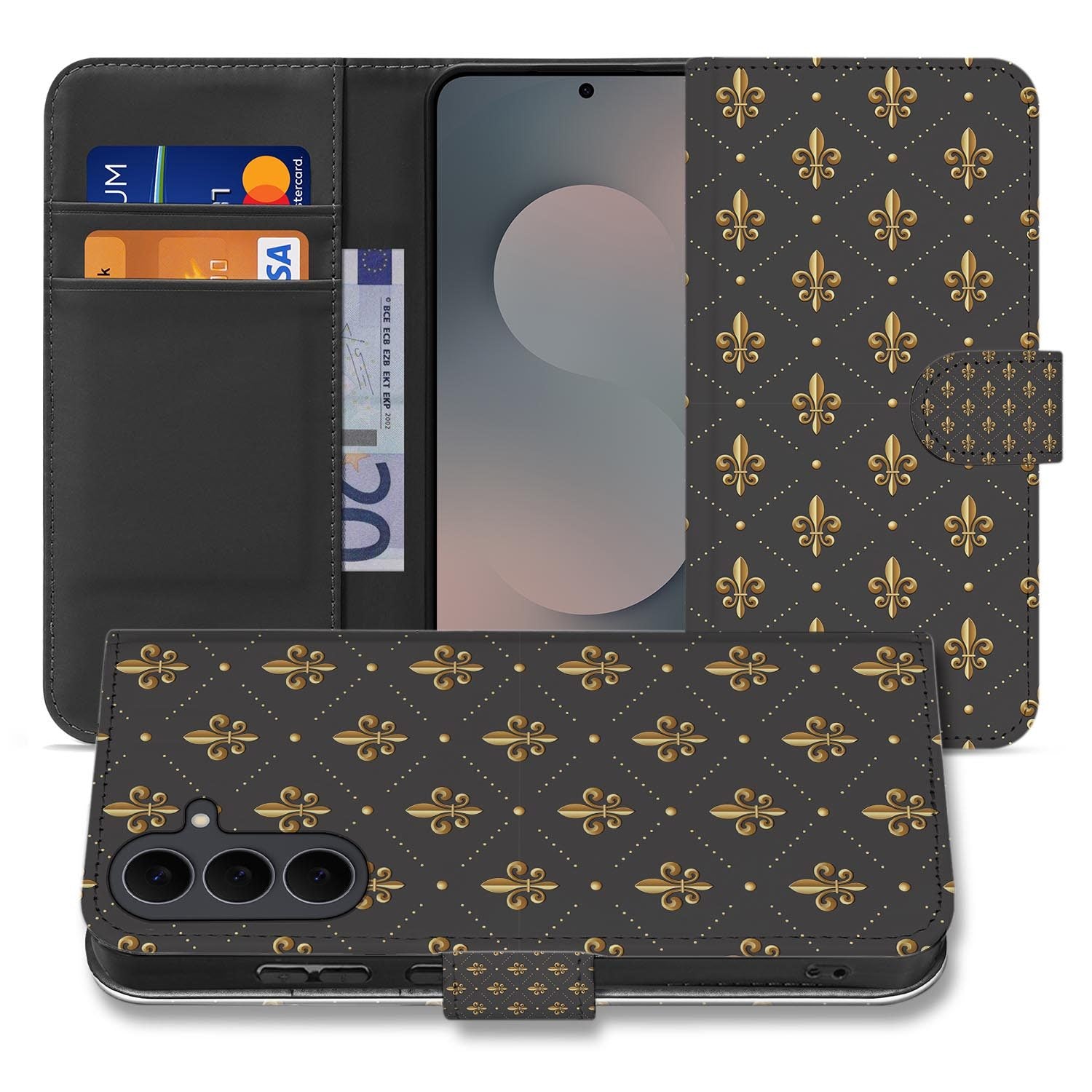 Bookcase hoesje Samsung Galaxy S26 FE met Franse Lelie patroon in bruin en goud