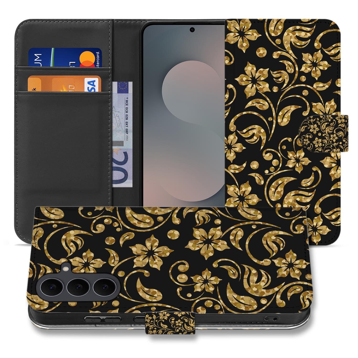 Samsung Galaxy S26 FE bookcase hoesje met Gouden Bloemen design in goud en zwart