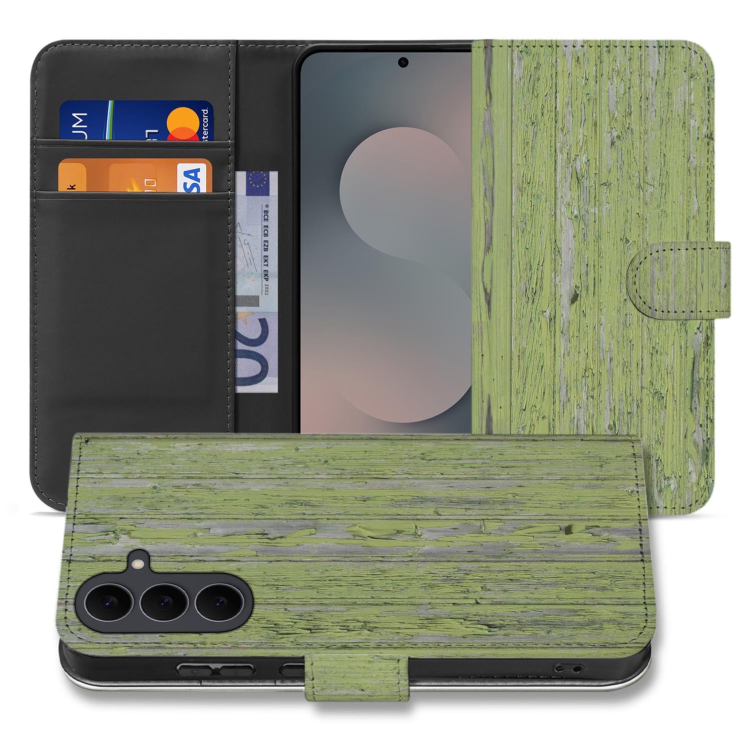 Samsung Galaxy S26 FE bookcase hoesje met Green Wood houtprint in groen