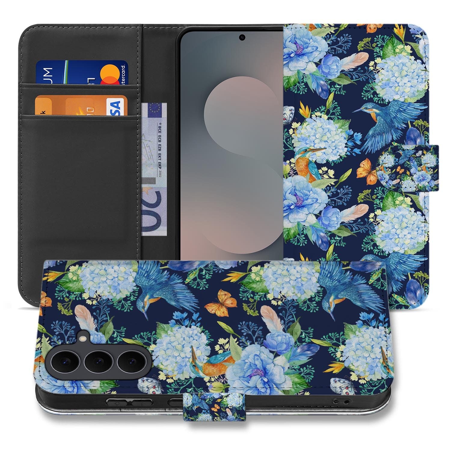 Samsung Galaxy S26 FE bookcase hoesje met IJsvogel-design in blauw en wit