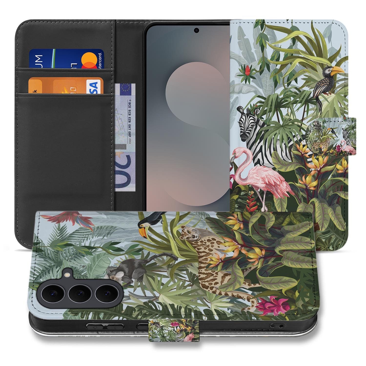 Samsung Galaxy S26 FE bookcase hoesje met Jungle design in blauw en roze