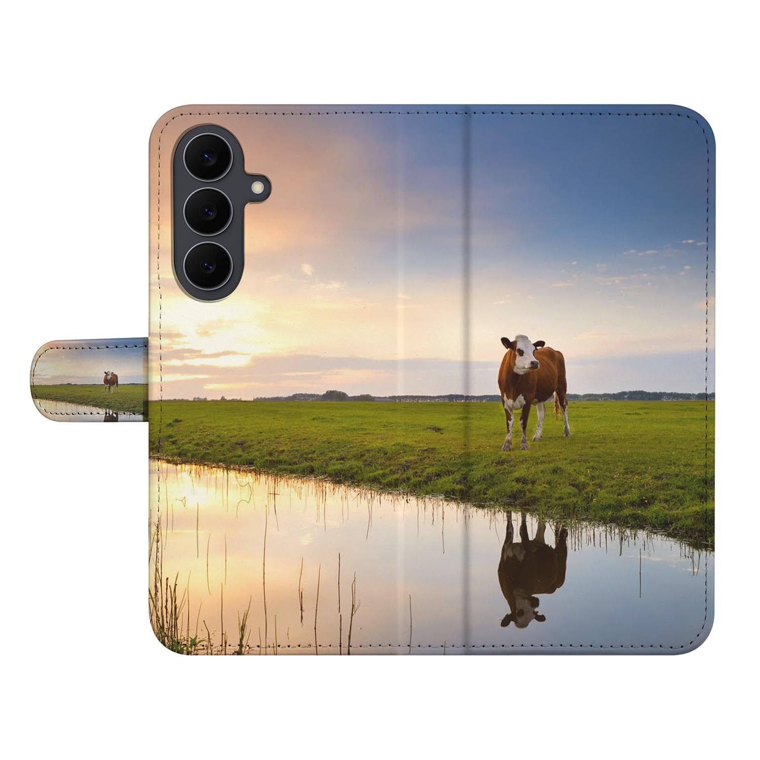 Samsung Galaxy S26 FE book case met Koe print in oranje tinten