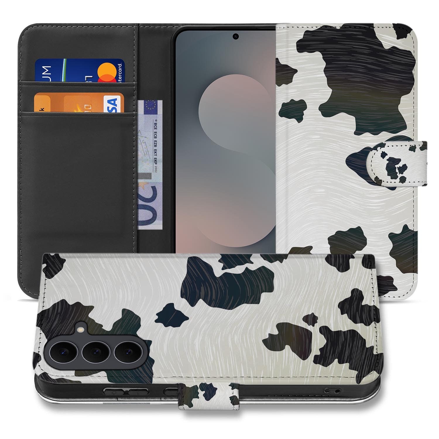 Samsung Galaxy S26 FE bookcase hoesje met zwart-wit Koeienvlekken design