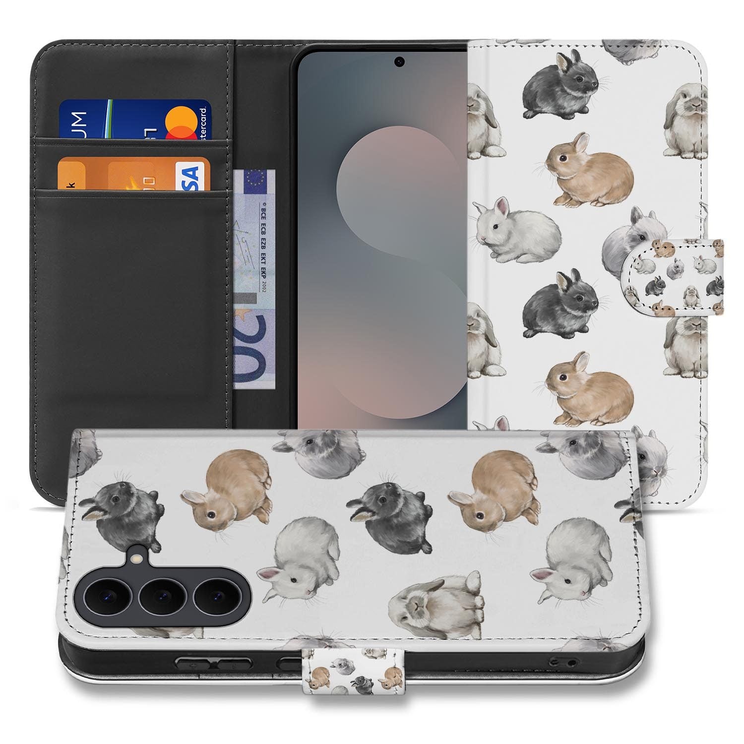 Samsung Galaxy S26 FE bookcase hoesje met Konijntjes-design in wit, bruin en grijs