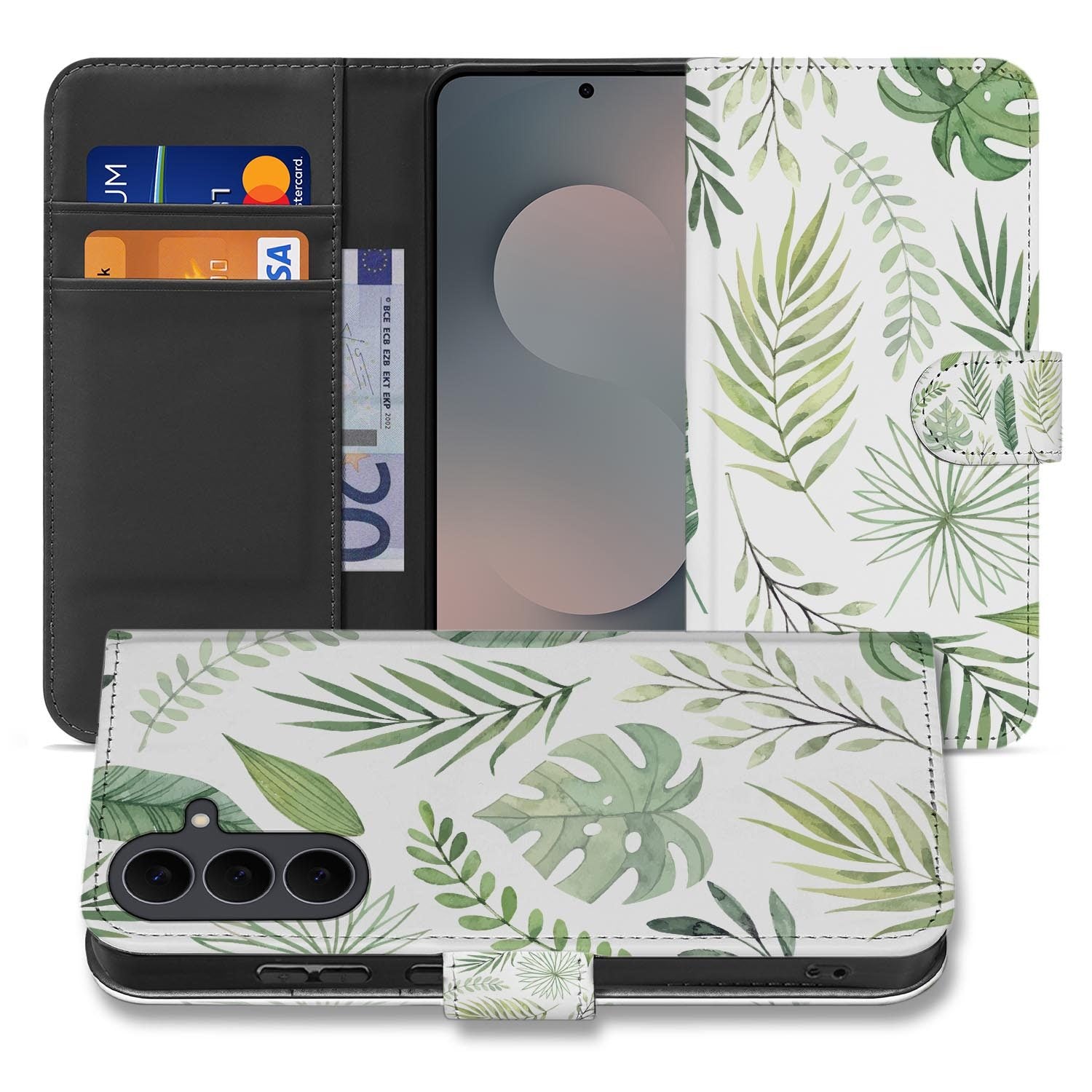 Samsung Galaxy S26 FE bookcase hoesje met Leaves design van groene bladeren op wit