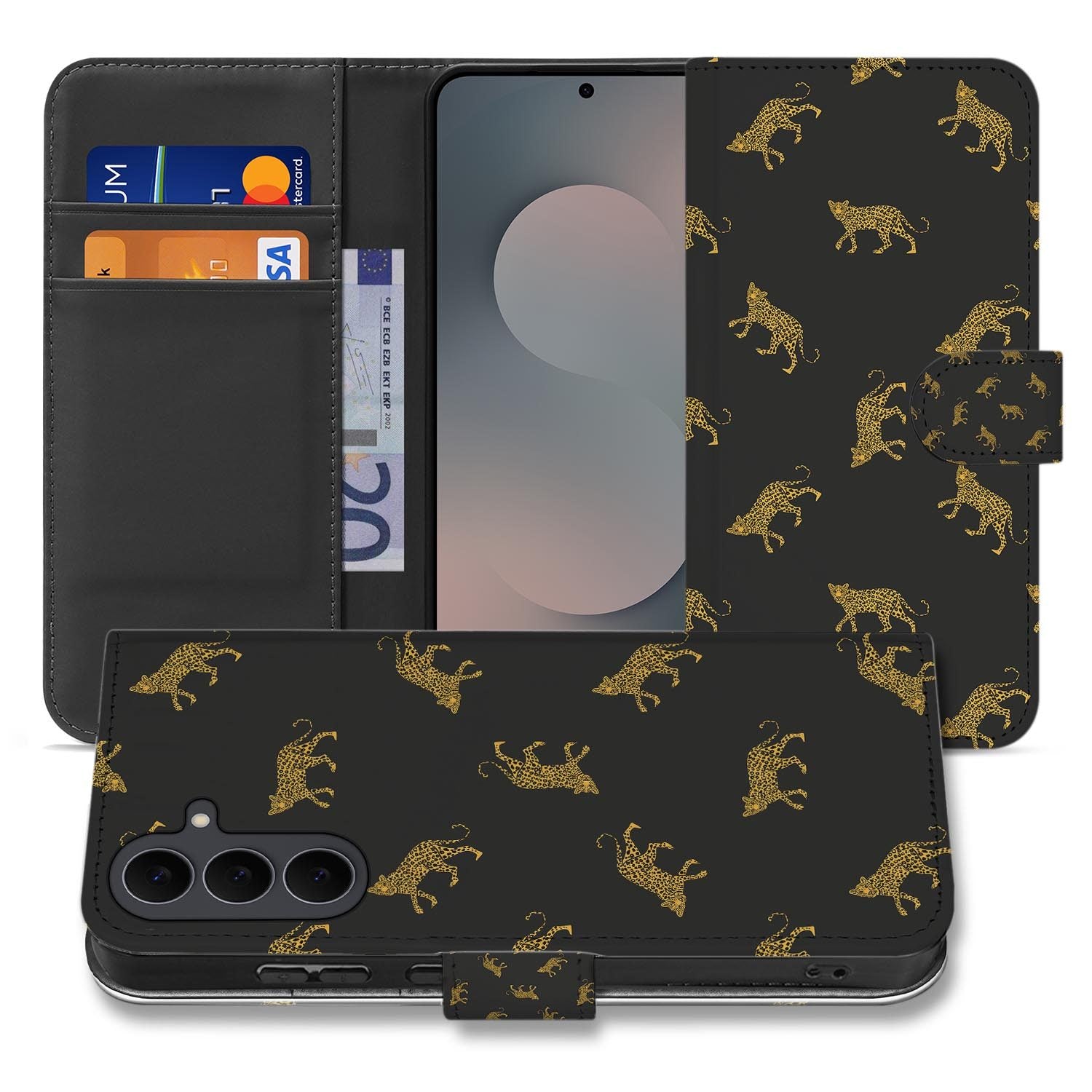 Samsung Galaxy S26 FE bookcase hoesje met Leopards design in zwart en goud