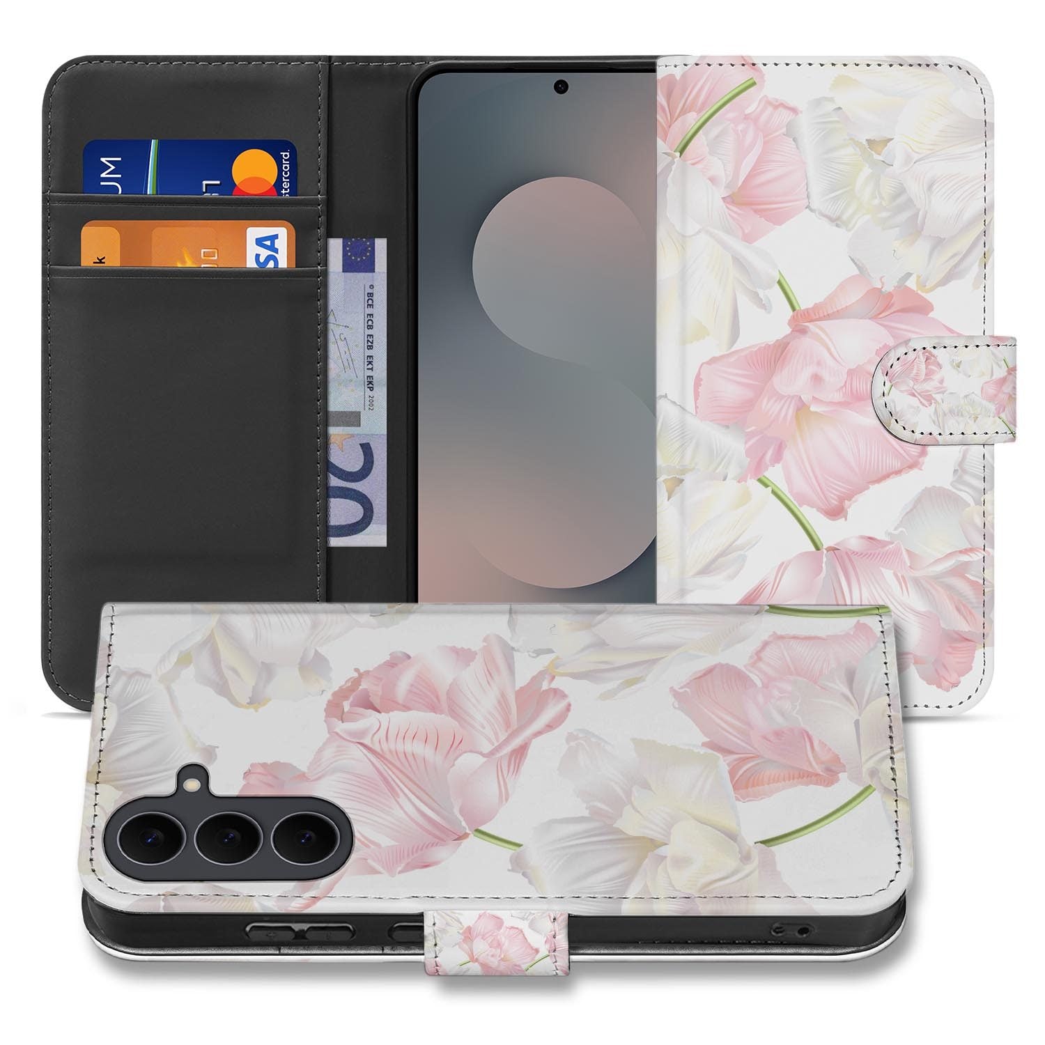 Samsung Galaxy S26 FE bookcase hoesje met Lovely Flowers bloemenprint in wit en rose