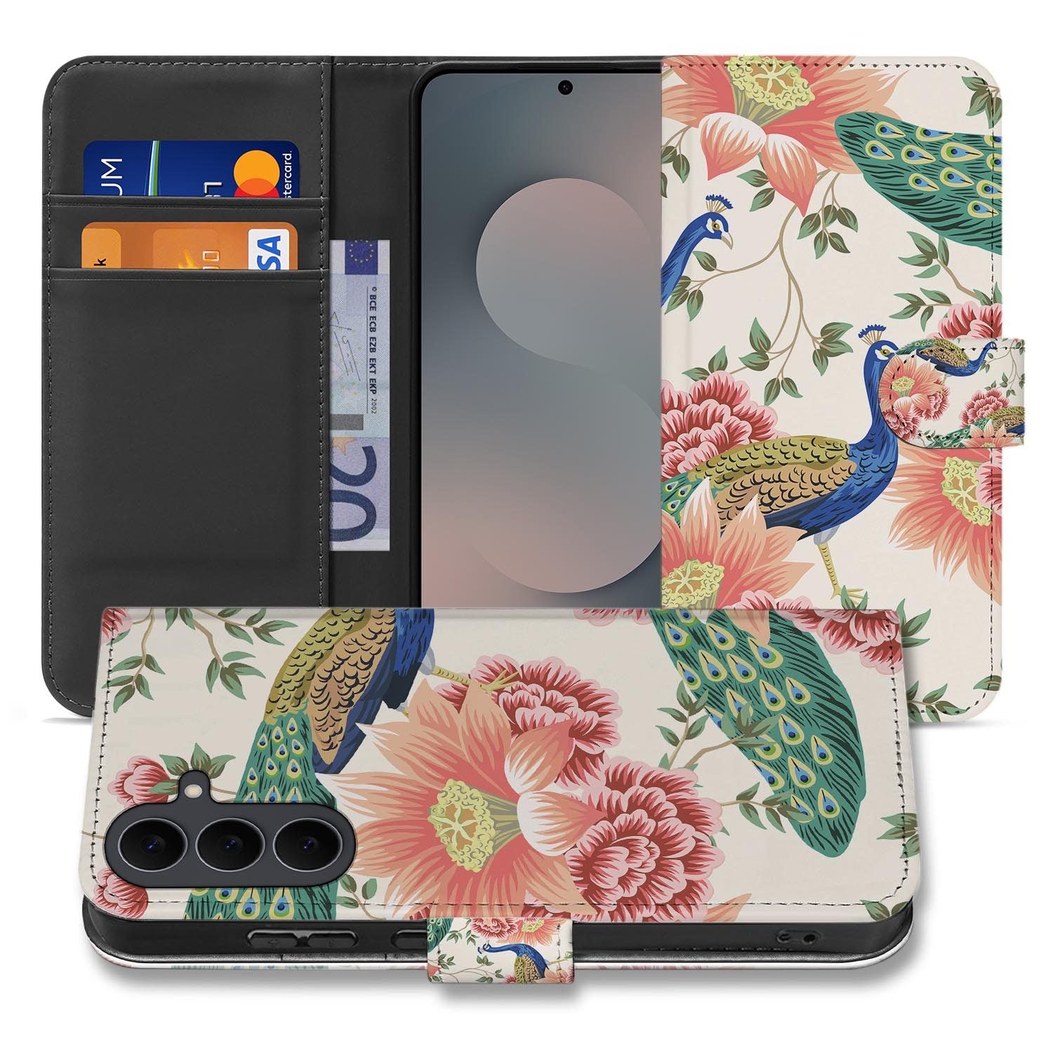 Samsung Galaxy S26 FE bookcase hoesje met Pink Peacock design in beige tinten