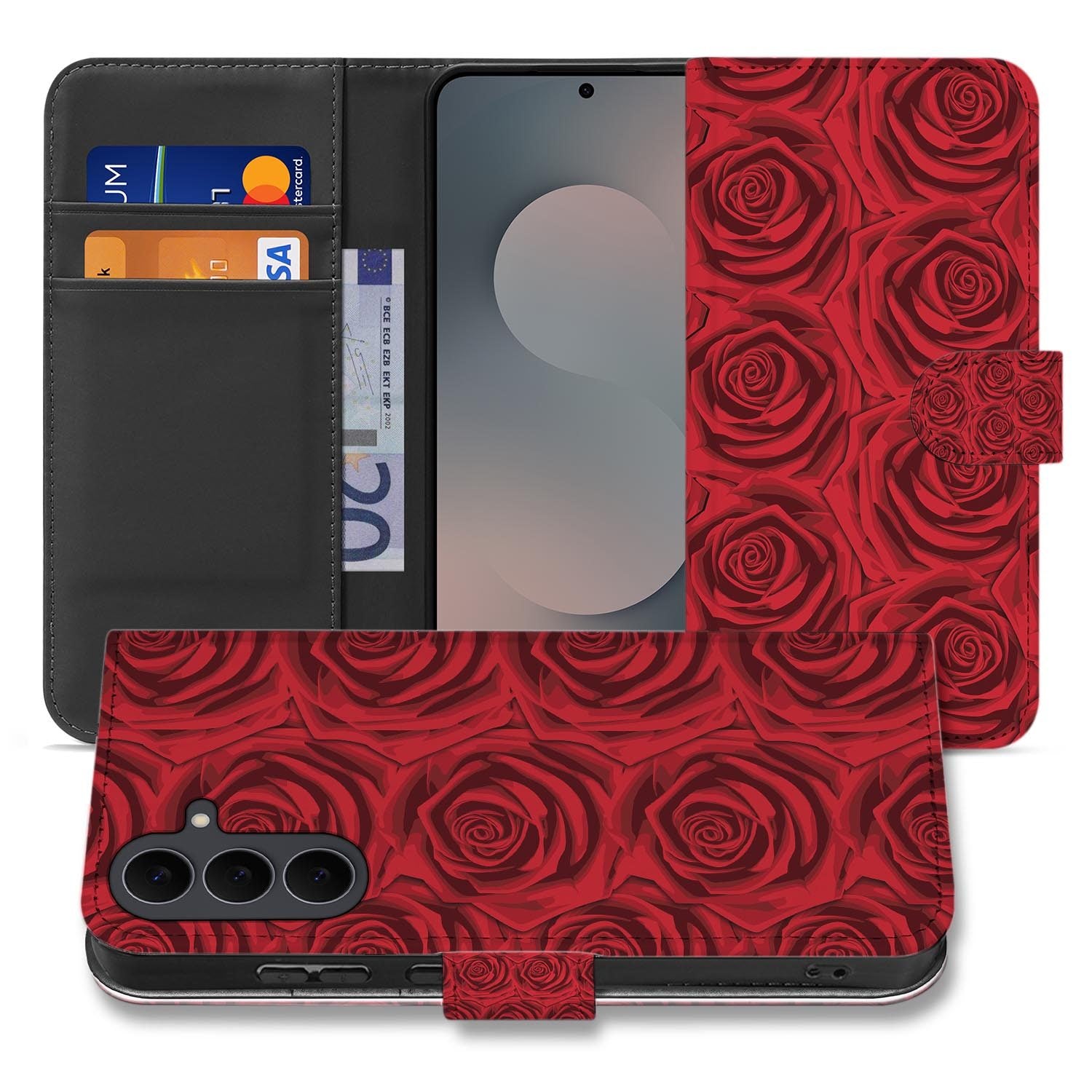Samsung Galaxy S26 FE bookcase hoesje met Red Roses rozenprint op kunstleer