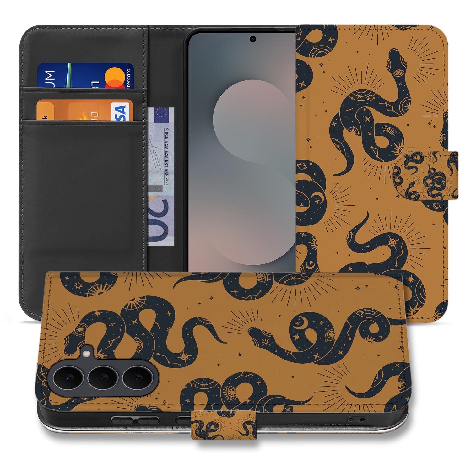 Samsung Galaxy S26 FE bookcase hoesje met Snakes-design in bruin en zwart