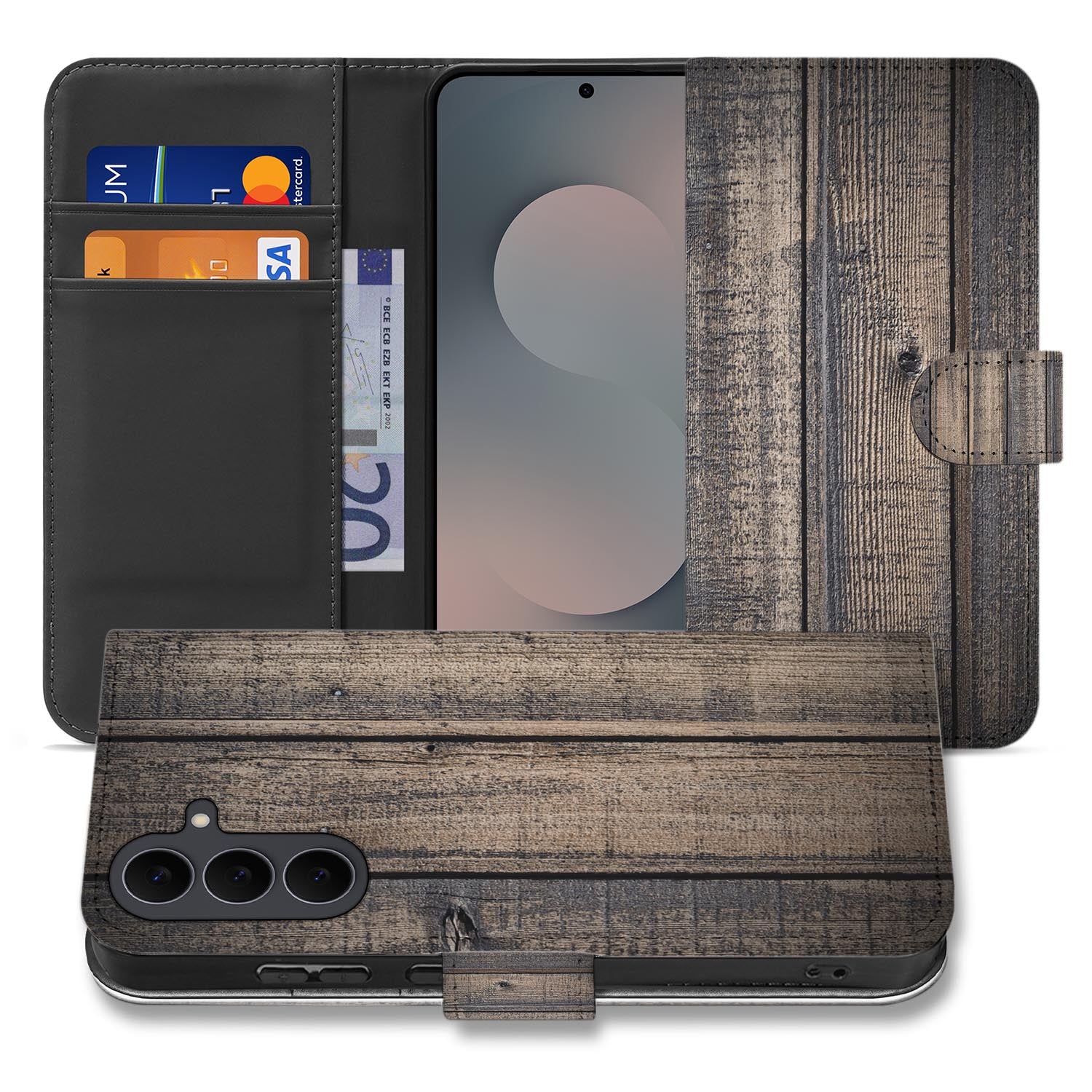 Samsung Galaxy S26 FE bookcase hoesje met Steigerhout print in geel en bruin