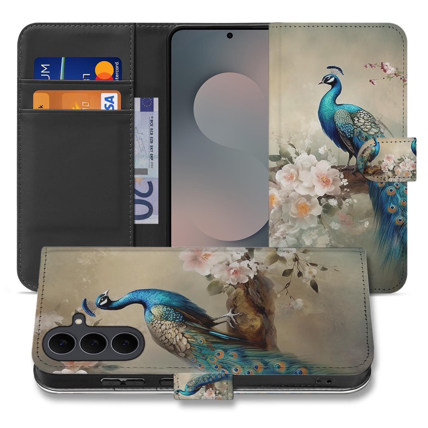 Samsung Galaxy S26 FE bookcase hoesje met Vintage Pauwen design in blauw en groen