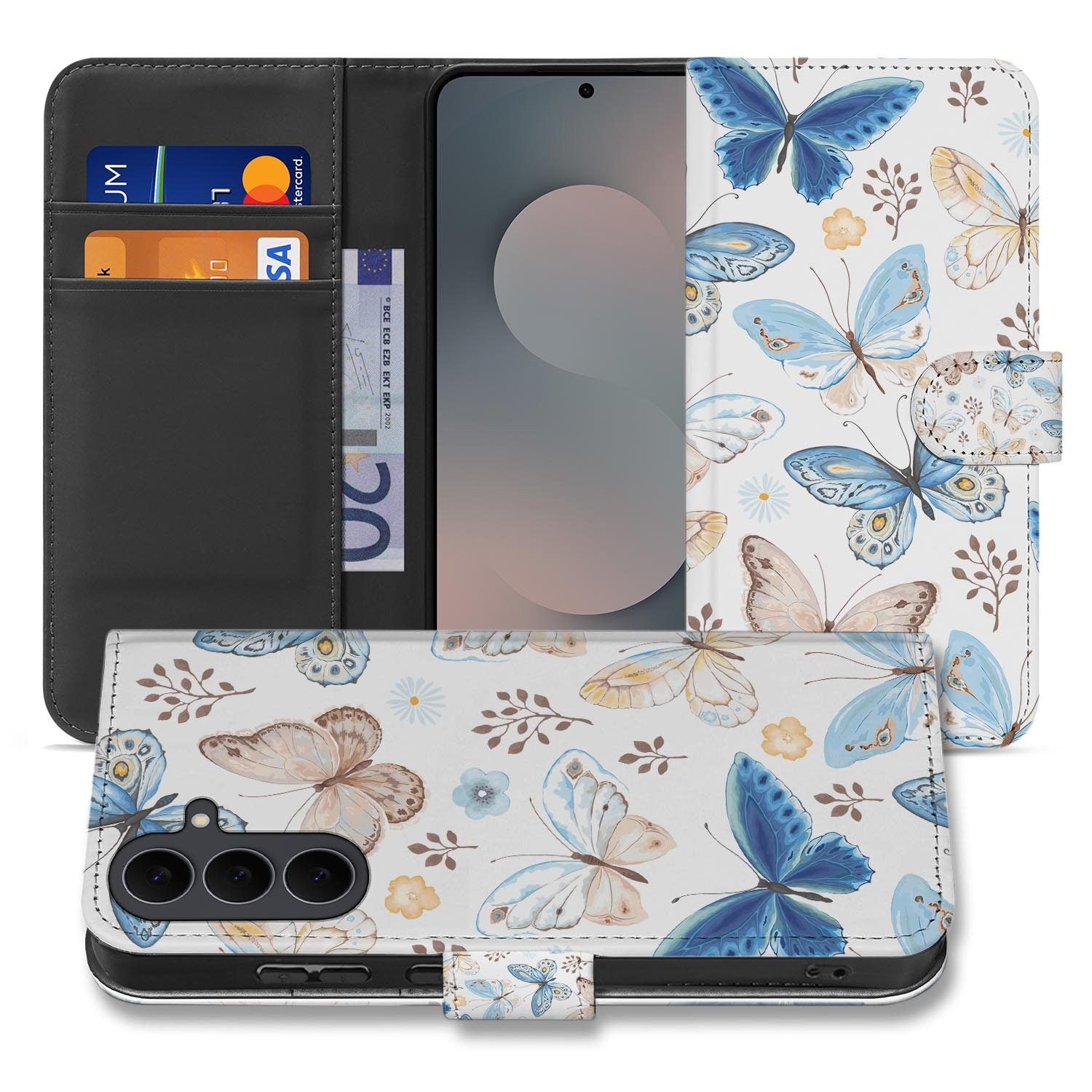 Samsung Galaxy S26 FE bookcase hoesje met Vlinder design in blauw, wit en bruin