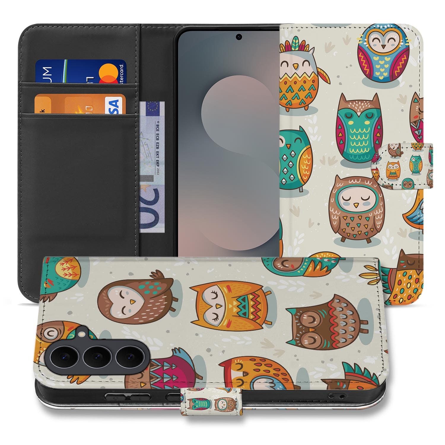 Samsung Galaxy S26 FE bookcase hoesje met Vrolijke Uilen design in beige, oranje en groen