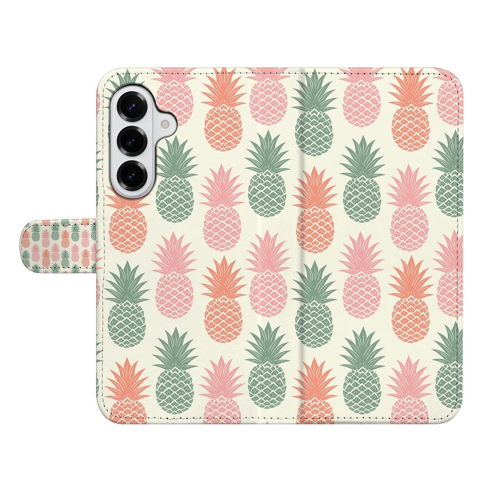 Samsung Galaxy S26 Plus Book Cover Ananas Roze Rood Groen Tropische print beige voorkant.