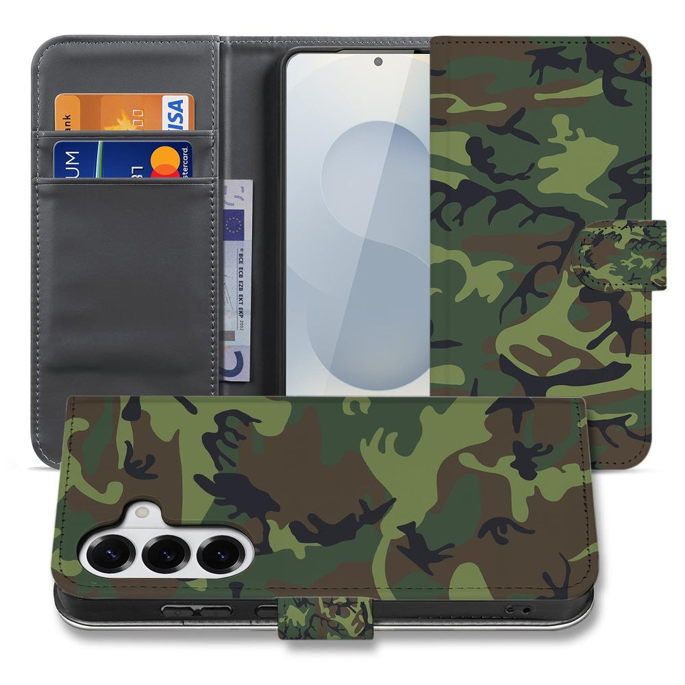Samsung Galaxy S26 Plus Portemonnee Hoesje Camouflage Leger Aanzicht voor en binnenkant.