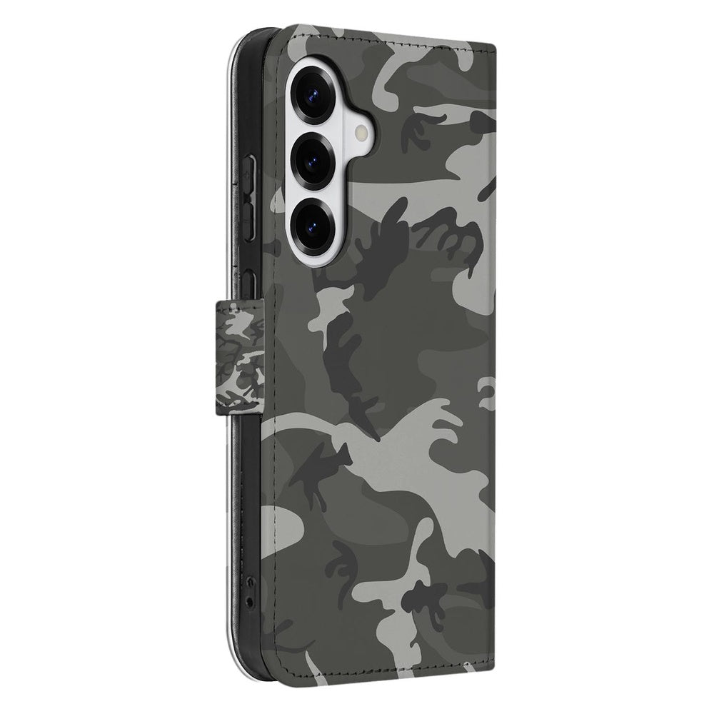 Samsung Galaxy S26 Plus Army Light Camouflage Book Case camouflageprint grijs groen zijaanzicht.