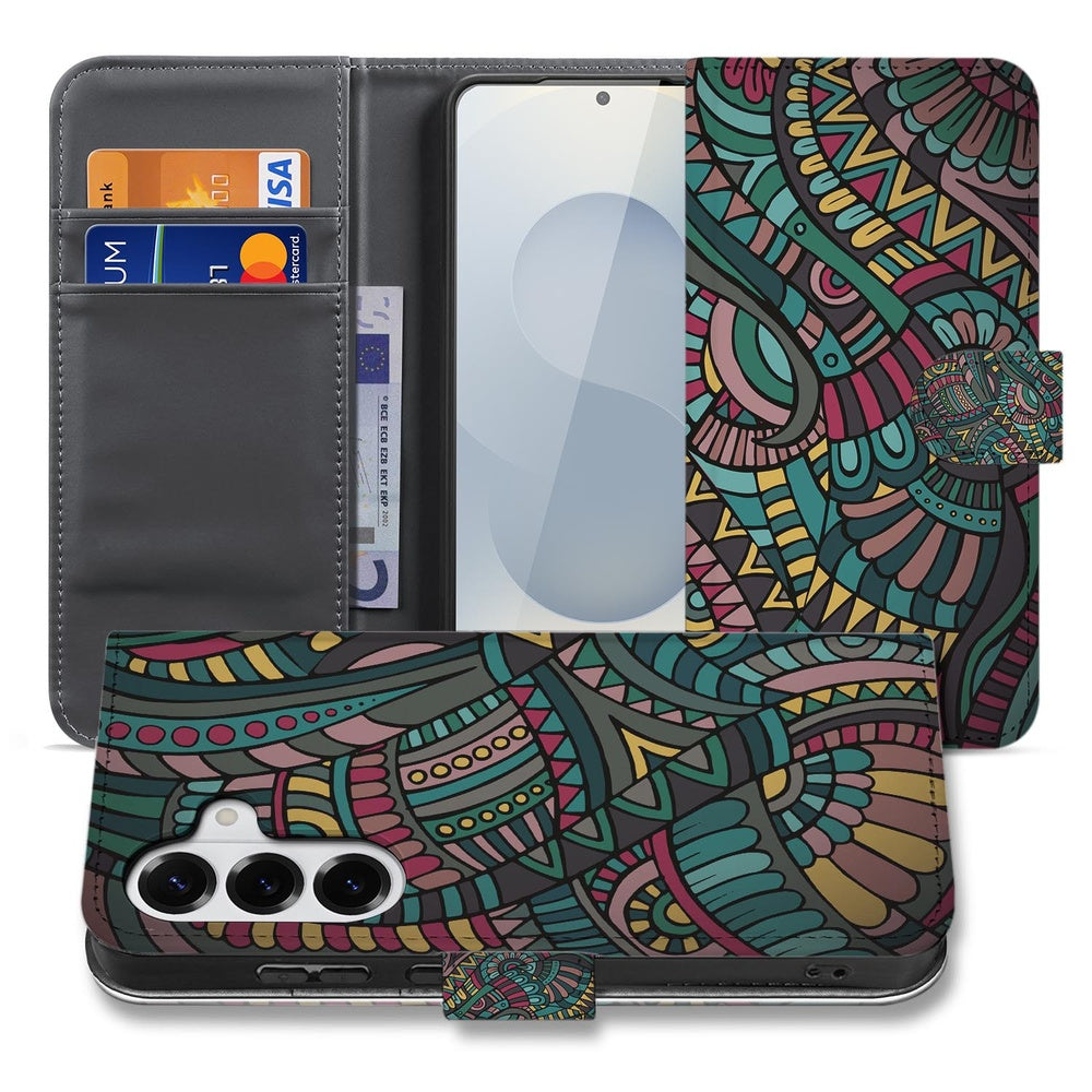 Samsung Galaxy S26 Plus Bookcase Hoesje Aztec kleurrijk Aztec-patroon op kunstleer open en gesloten aanzicht.