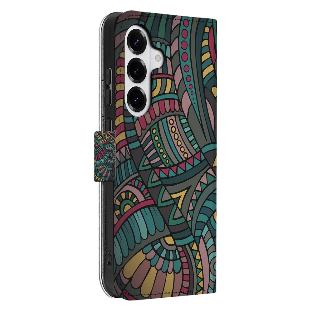Samsung Galaxy S26 Plus Bookcase Hoesje Aztec Aztec-patroon kunstleer zijaanzicht.