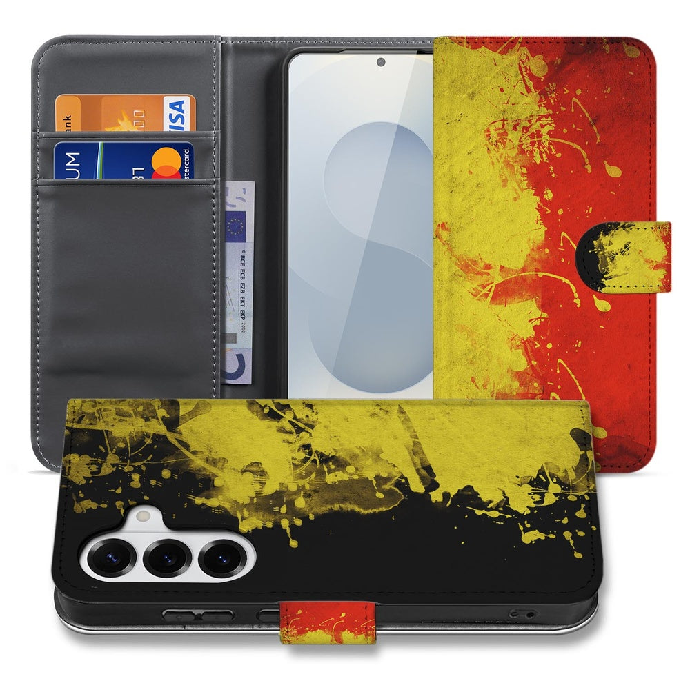 Samsung Galaxy S26 Plus Bookstyle Hoesje Belgische Vlag design rood geel zwart aanzicht voorkant.