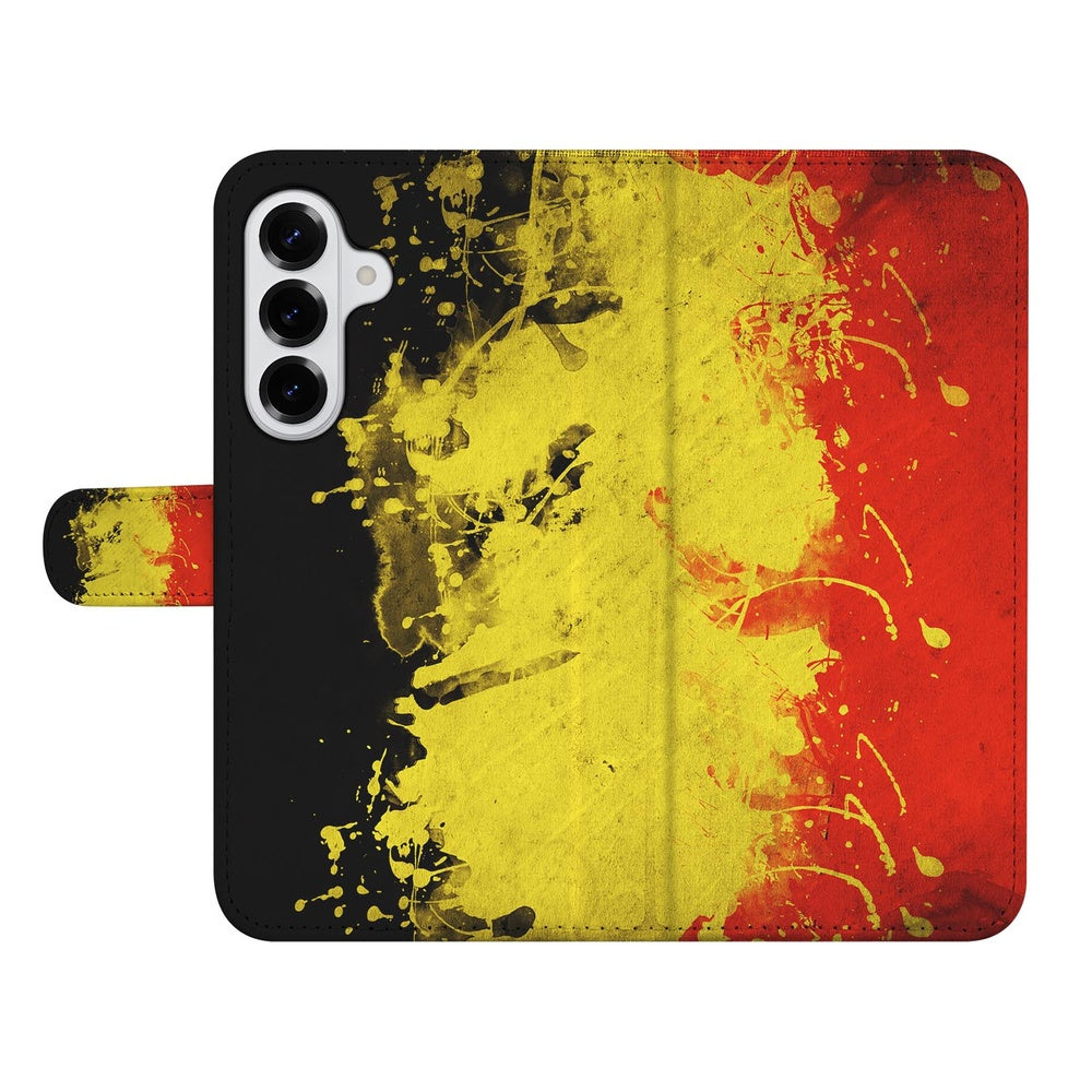 Samsung Galaxy S26 Plus Bookstyle Hoesje Belgische Vlag design Belgische vlag abstract met spatten zwart geel rood.