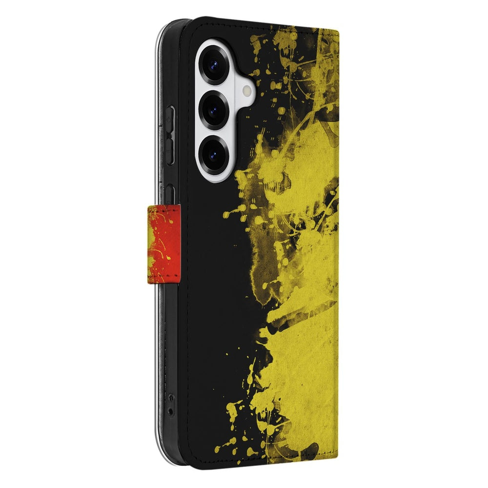 Samsung Galaxy S26 Plus Bookstyle Hoesje Belgische Vlag vlekkerig patroon zwart geel zijaanzicht.