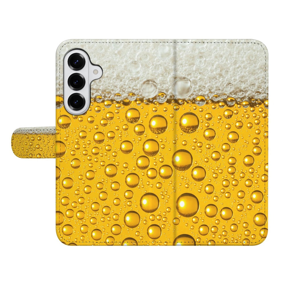Samsung Galaxy S26 Plus Book Cover Met Bier Print Bier print met druppels bovenaanzicht.