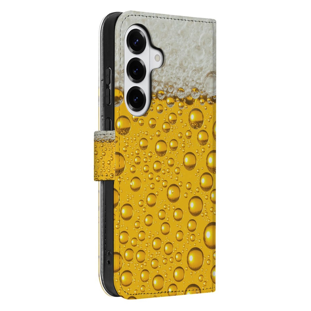 Samsung Galaxy S26 Plus Book Cover Met Bier Print met bierdruppels design zijkant.