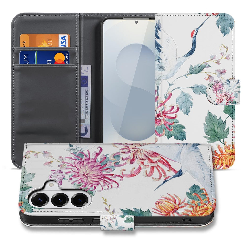 Samsung Galaxy S26 Plus Bookcase Hoesje Met Pasjes Bird Flowers Print design bloemen en ooievaars voorzijde.
