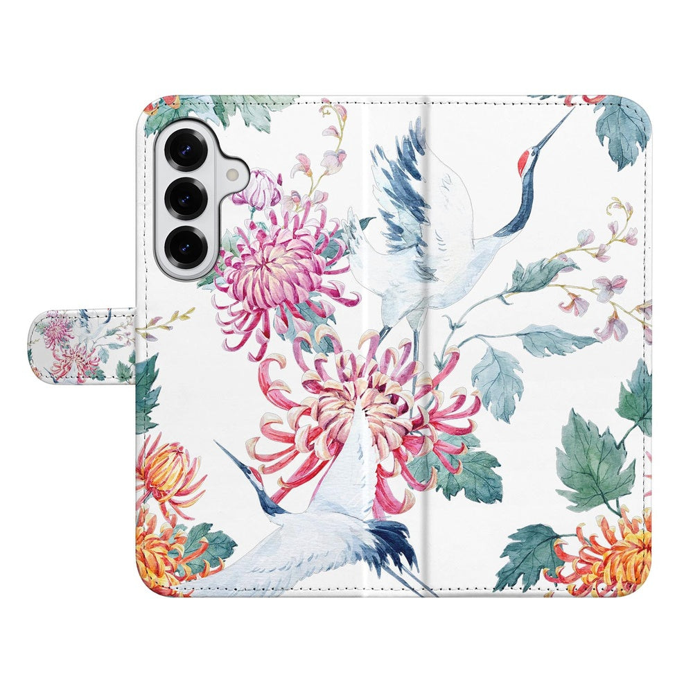 Samsung Galaxy S26 Plus Bookcase Hoesje Met Pasjes Bird Flowers Print design met kleurrijke bloemen en ooievaars.