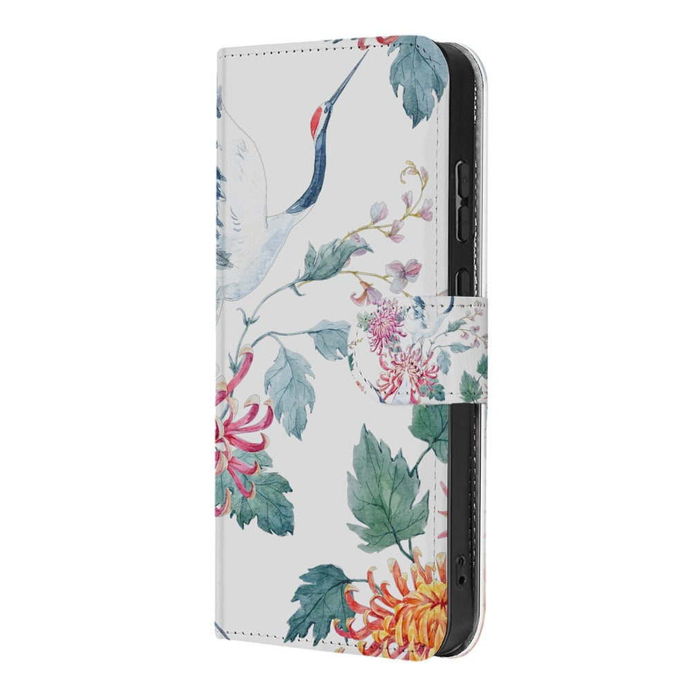 Samsung Galaxy S26 Plus Bookcase Hoesje Met Pasjes Bird Flowers Print design bloemen bladeren zijkant.