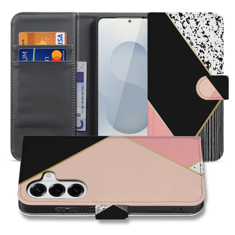 Samsung Galaxy S26 Plus Portemonnee Hoesje Abstracte zwarte roze geometrische vormen Aanzicht voorkant.