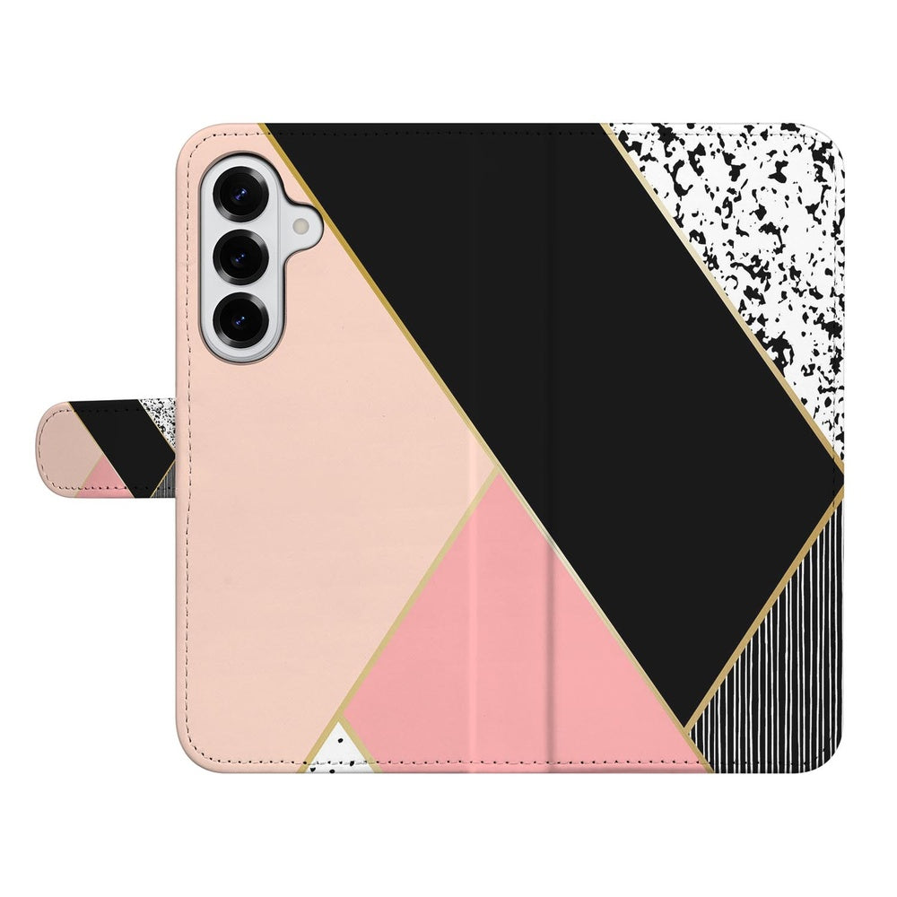 Samsung Galaxy S26 Plus Portemonnee Hoesje Abstracte zwart roze geometrisch ontwerp voorzijde.