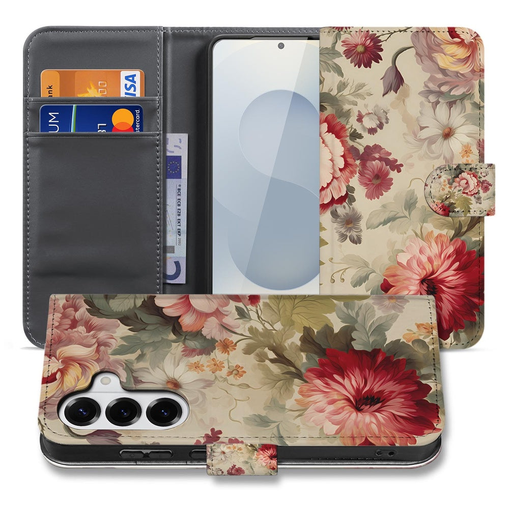 Samsung Galaxy S26 Plus Portemonnee Hoesje Bloemenprint Aanzicht Met Telefoon En Kaartvak.