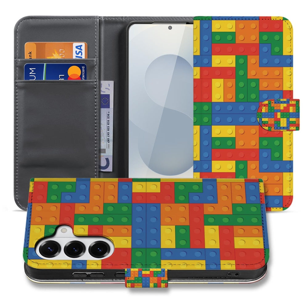 Samsung Galaxy S26 Plus Hoesje Blokken Design Book Case kleurrijk design bovenaanzicht.