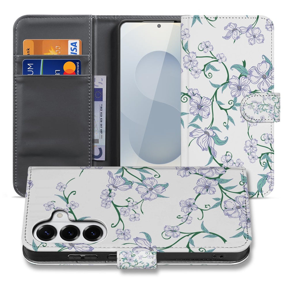Samsung Galaxy S26 Plus Book Case Blossom White met bloemenprint en kaartenhouder.