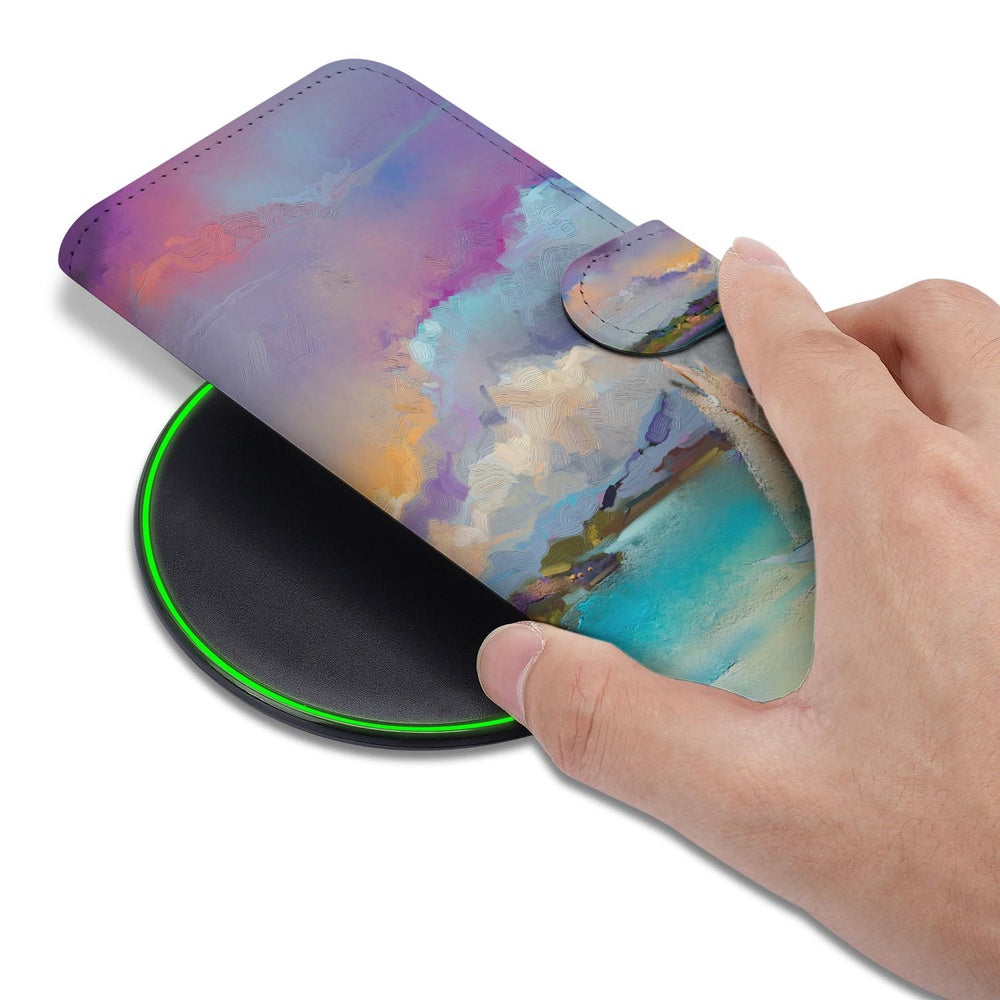 Samsung Galaxy S26 Plus Book Case Boot Motief kleurrijk ontwerp hand boven draadloze oplader.